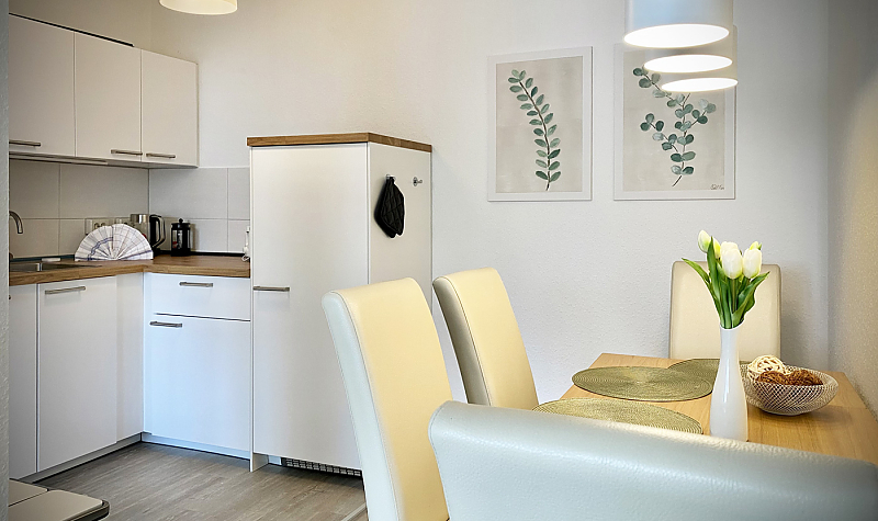 Gästewohnung Radebeuler Straße 6a - Küche möbiliert im hellen Design