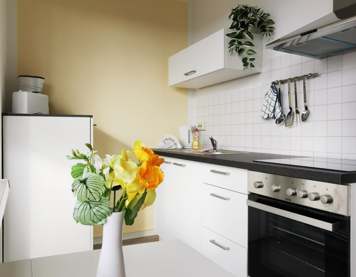 Bild Gästewohnung Am Ringpark 3a - Moderne Küche mit schönen Rosenstrauß