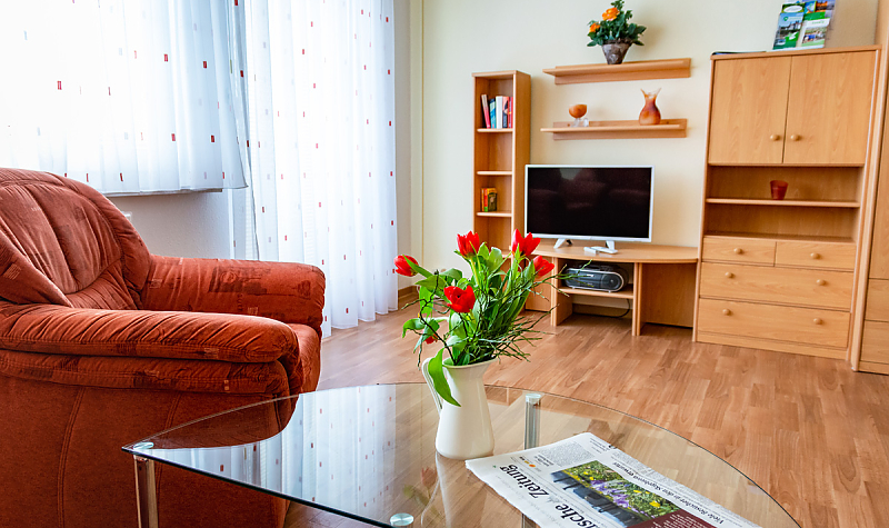 Gästewohnung Radebeuler Str. 6b - Schrankwand, Couch und Glastisch