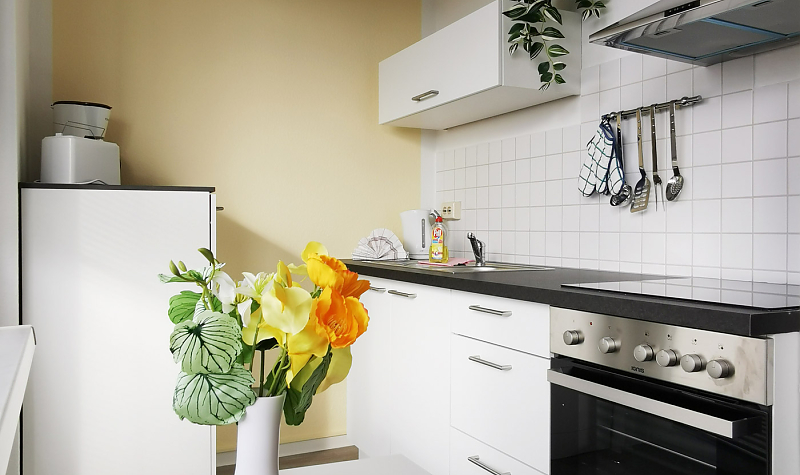 Bild Gästewohnung Am Ringpark 3a - Moderne Küche mit schönen Rosenstrauß